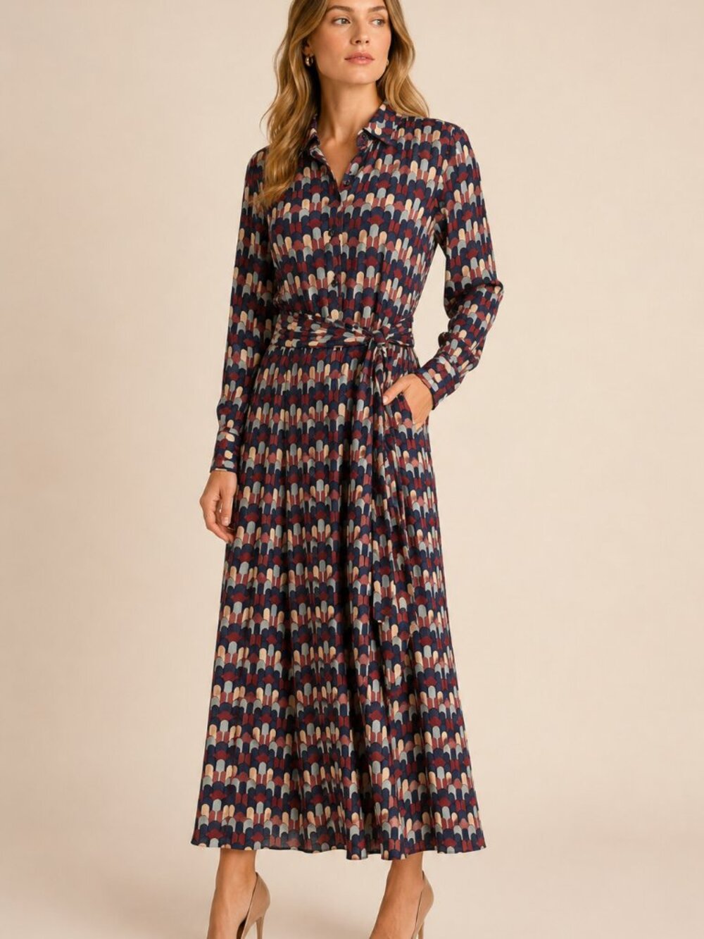 TUCKERNUCK Highlands Harbor Aster Dress Small Blue Geometric Print Rayon Belted